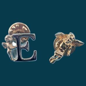Monogram Inital E Angel Brooch  Gold Tone Cherub Religious Lapel Pin Letter